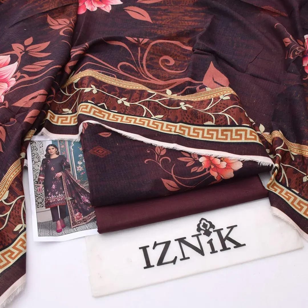 3 Pcs Women's Digital Print Lawn Suit Brown